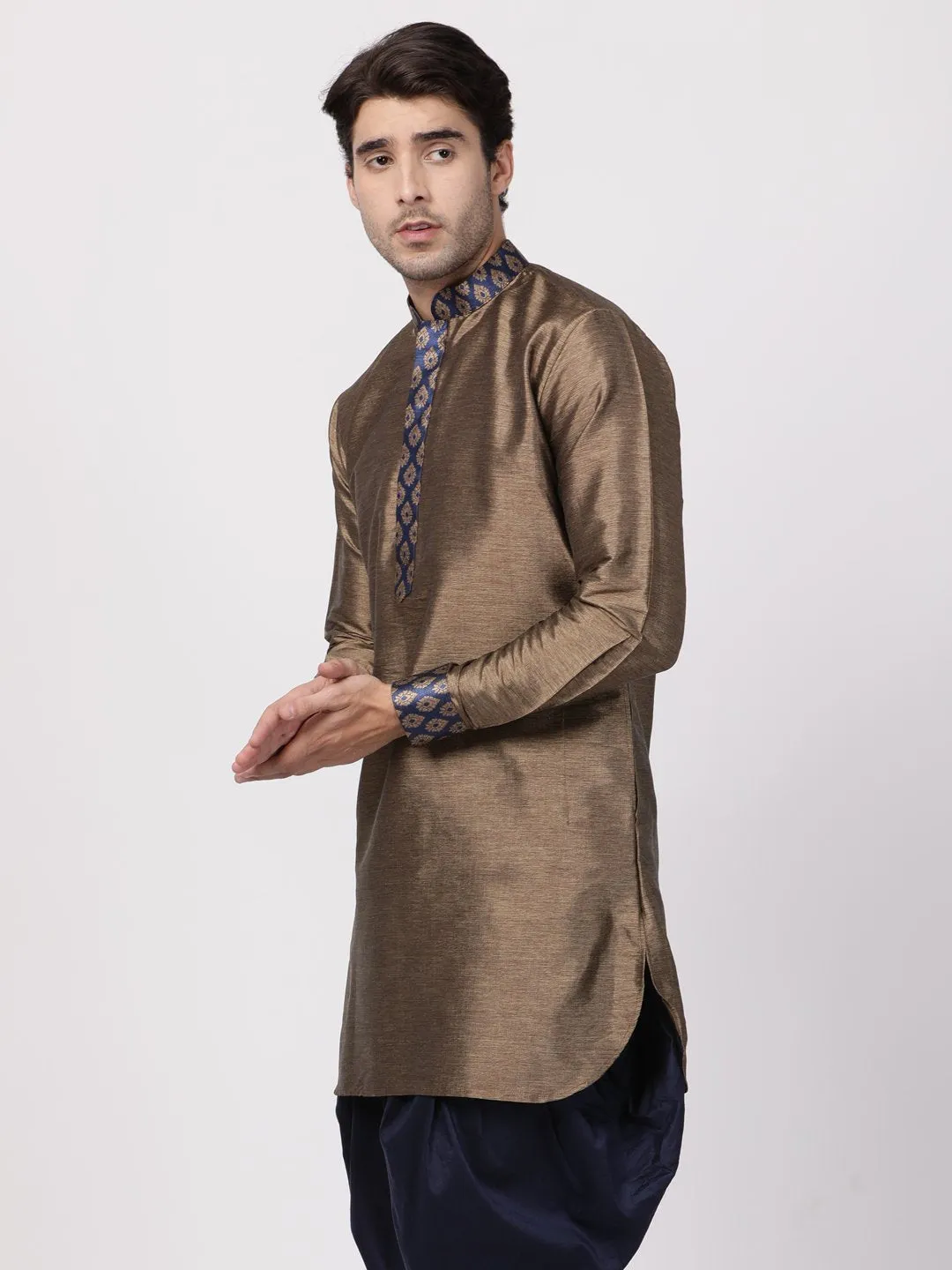 Jashvi Men's Bronze And Navy Blue Silk Blend Kurta