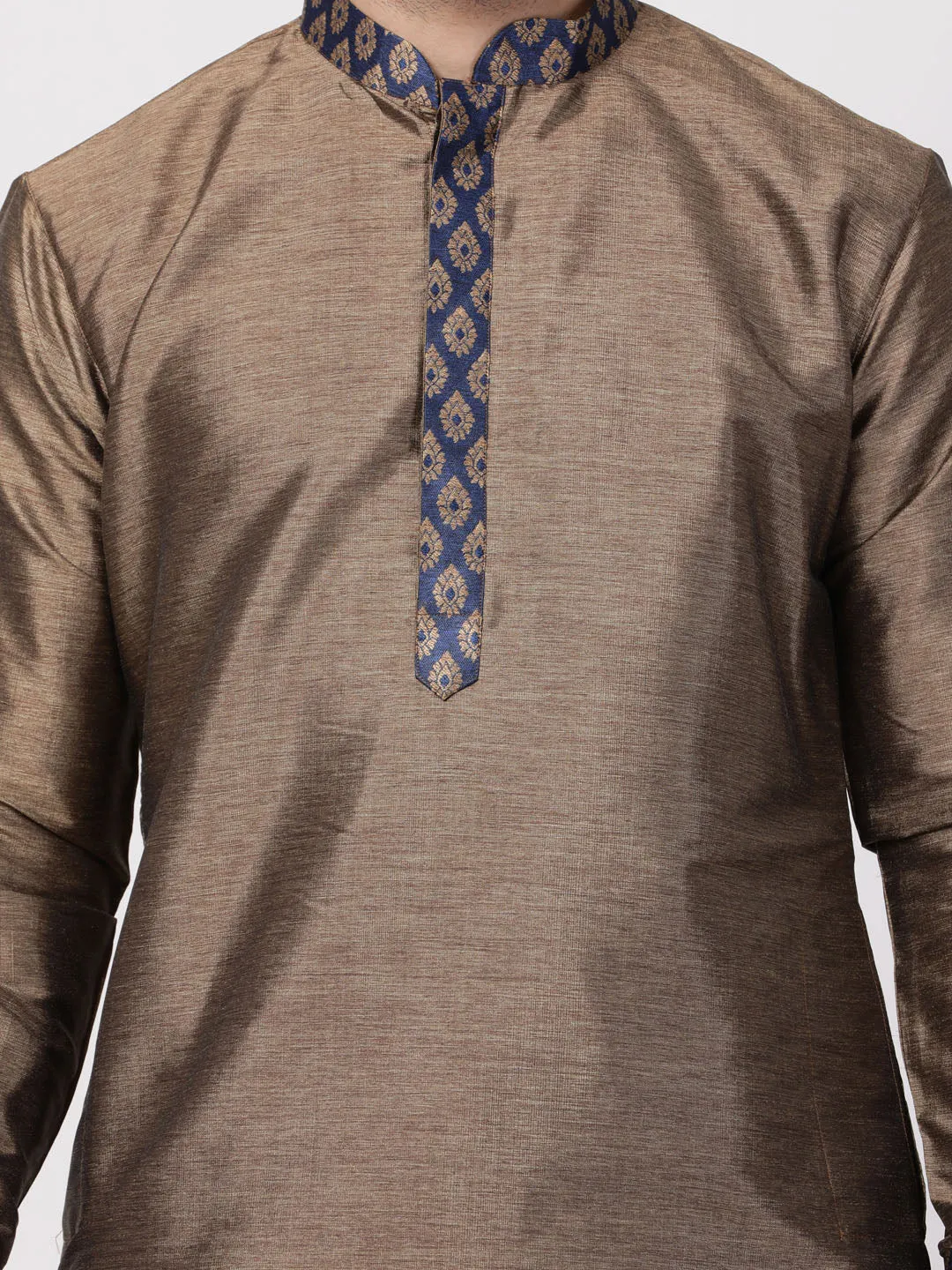 Jashvi Men's Bronze And Navy Blue Silk Blend Kurta