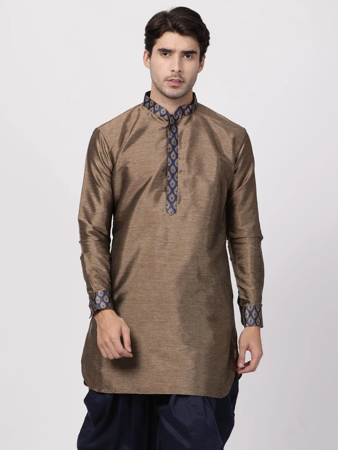 Jashvi Men's Bronze And Navy Blue Silk Blend Kurta