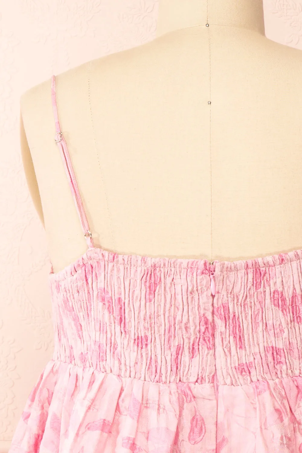 Jessamine | Short Pink Babydoll Dress w/ Leaf Pattern