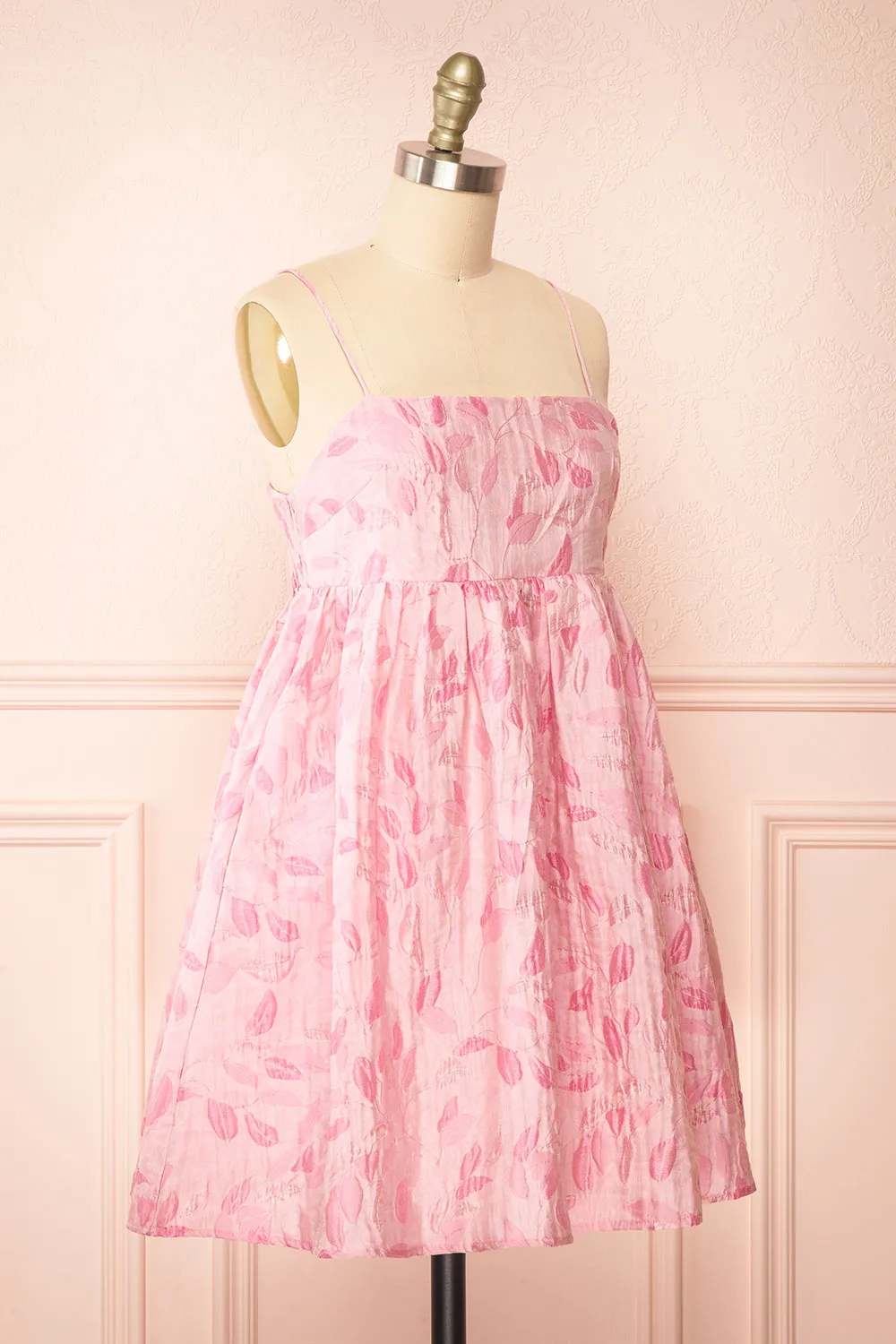 Jessamine | Short Pink Babydoll Dress w/ Leaf Pattern