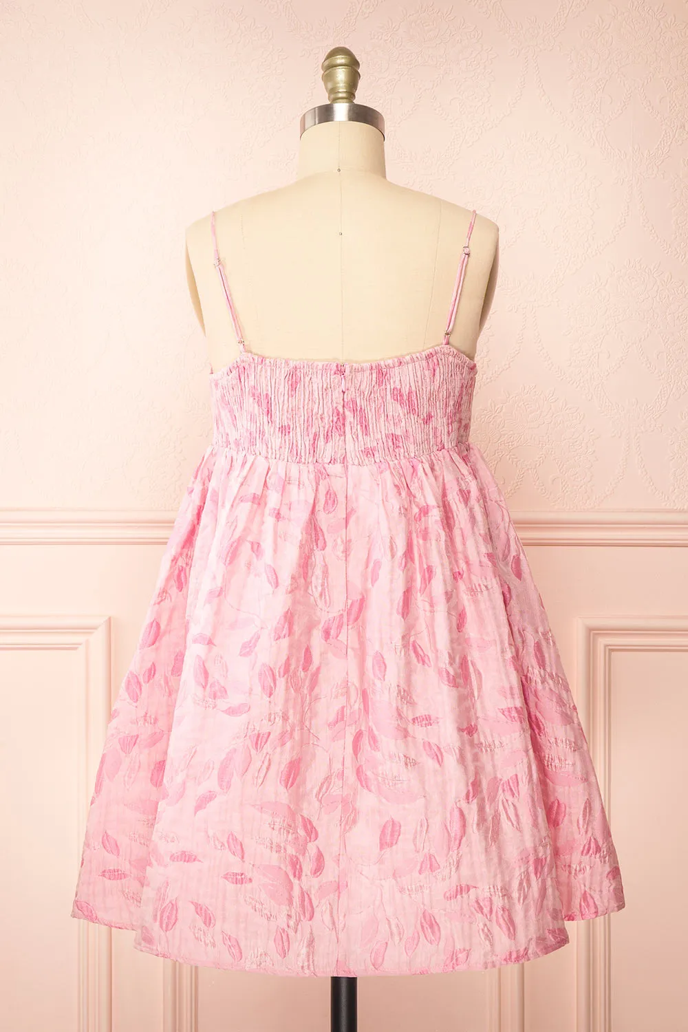 Jessamine | Short Pink Babydoll Dress w/ Leaf Pattern