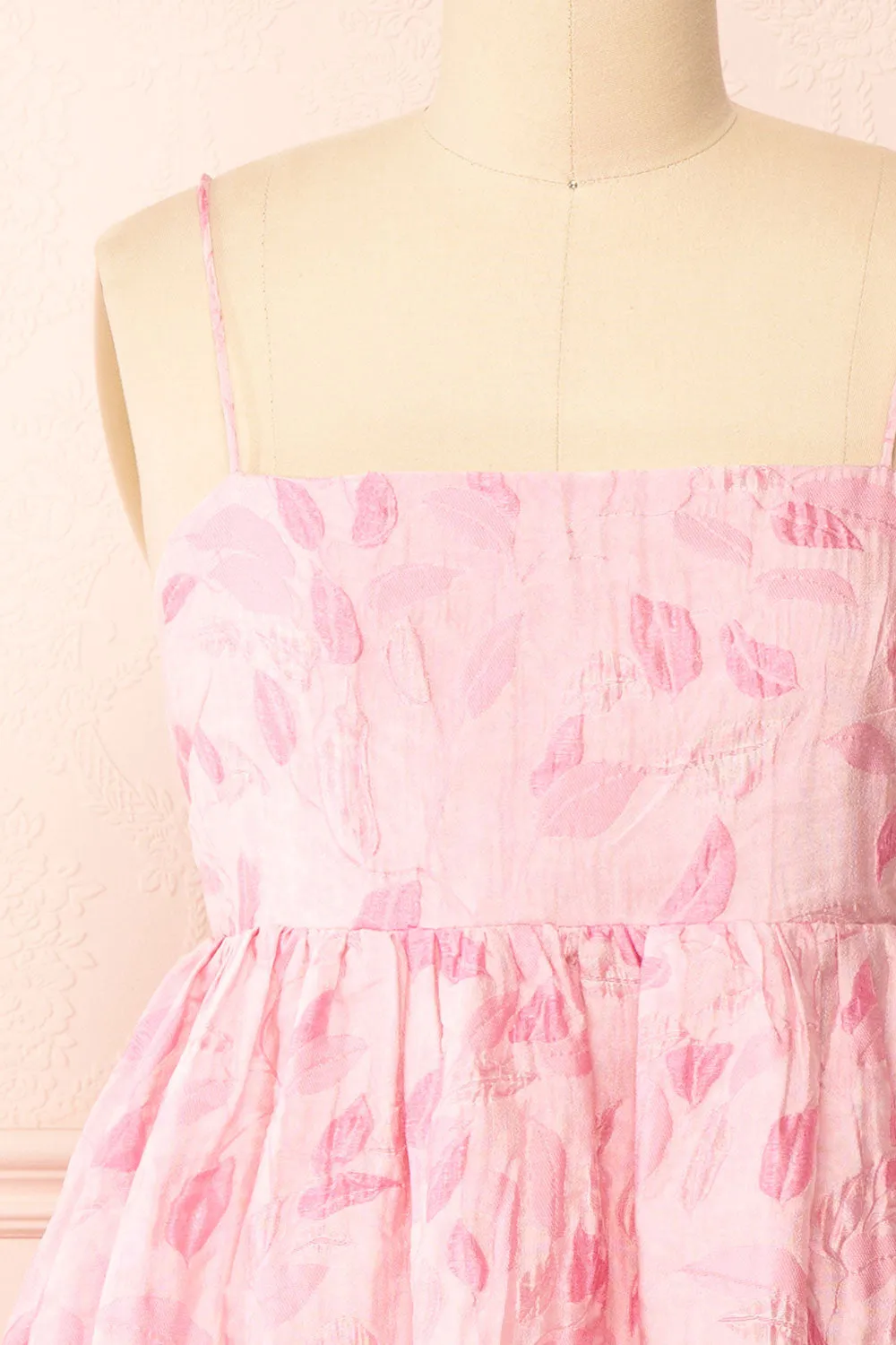 Jessamine | Short Pink Babydoll Dress w/ Leaf Pattern