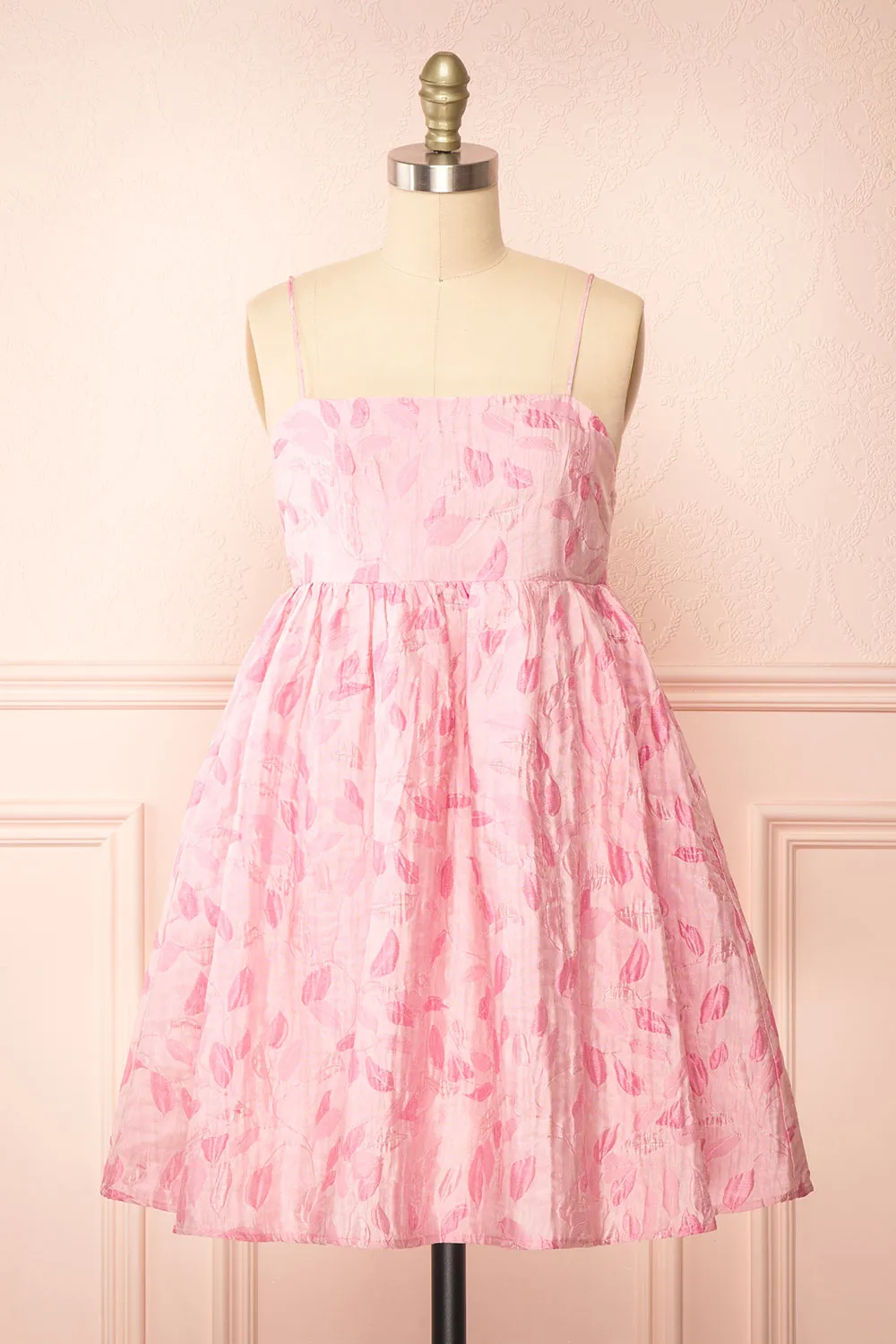 Jessamine | Short Pink Babydoll Dress w/ Leaf Pattern