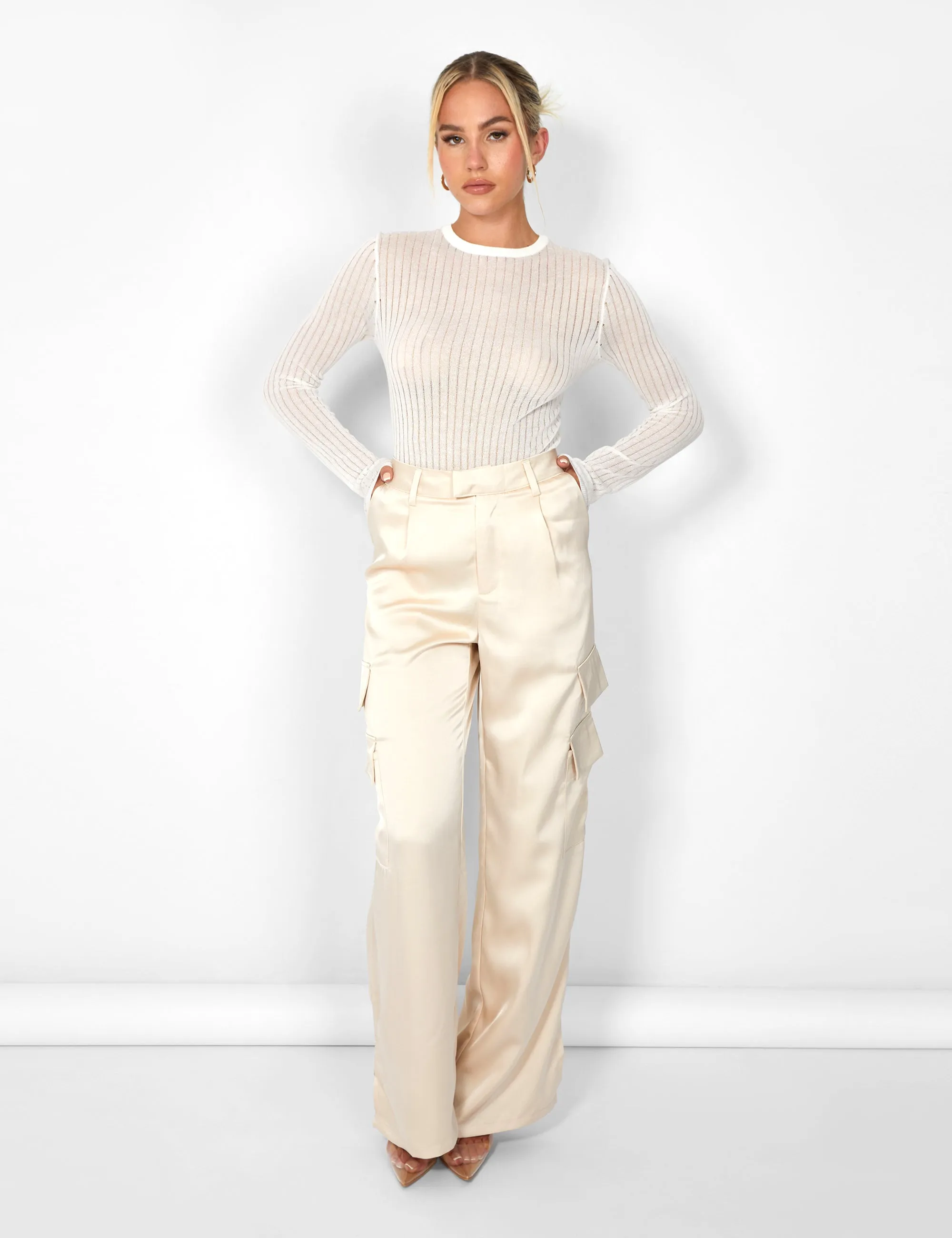 Kaiia Satin Wide Leg Cargos in Beige