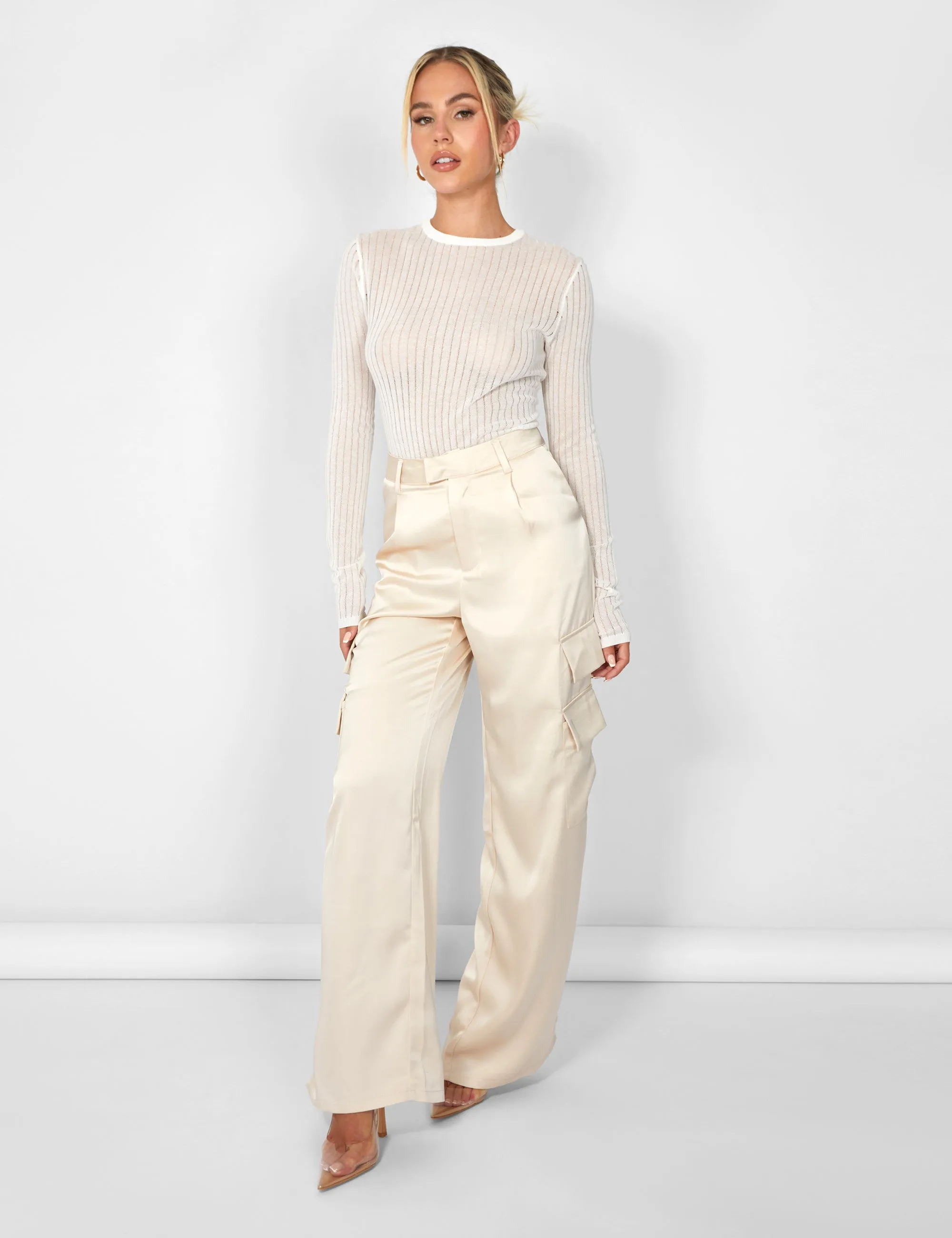 Kaiia Satin Wide Leg Cargos in Beige