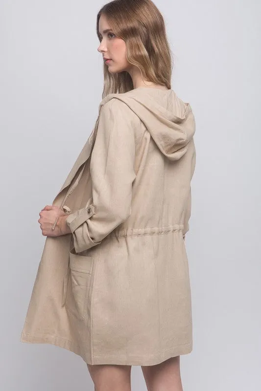 Khaki Open Front Hoodie Trench Linen Jacket