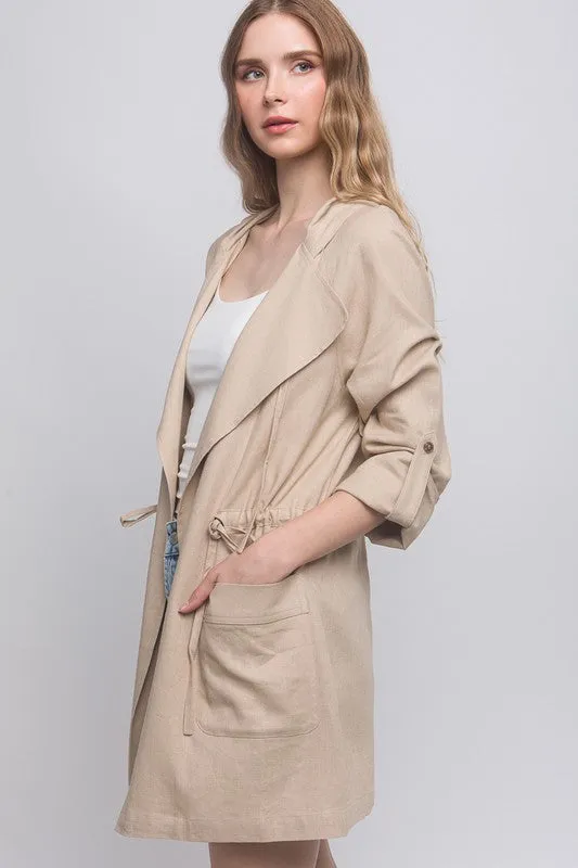 Khaki Open Front Hoodie Trench Linen Jacket