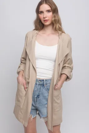 Khaki Open Front Hoodie Trench Linen Jacket