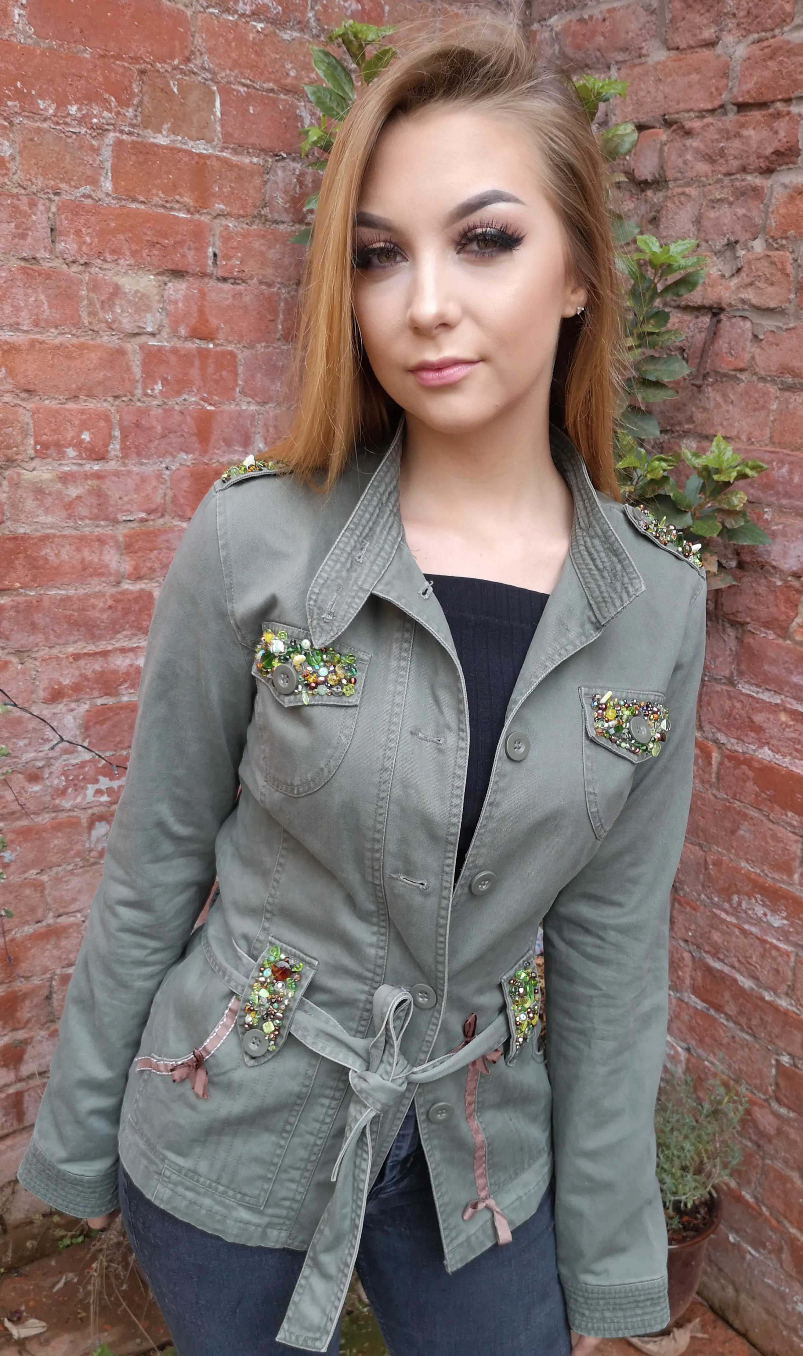 Khaki up-cycled, boho, festival, beaded jacket, ladies size small (UK 8)