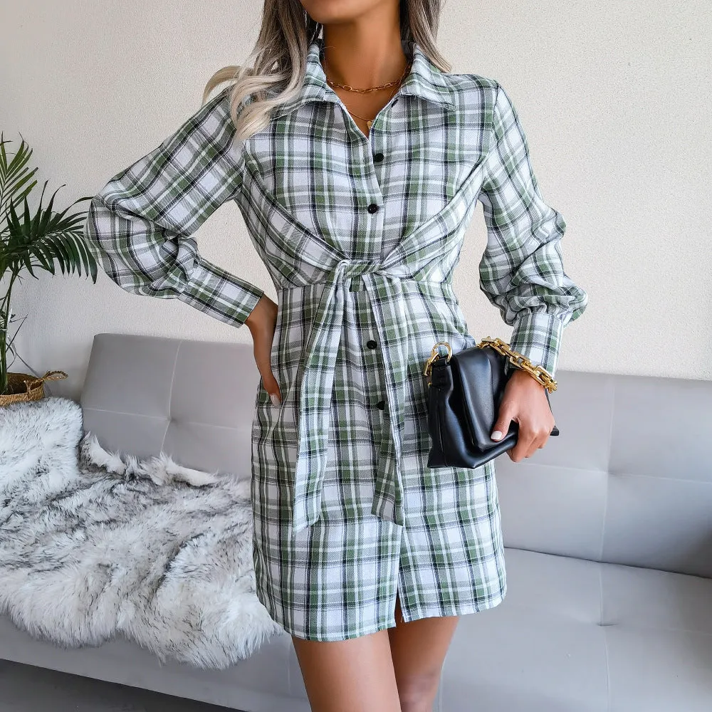 Klay Cotton Plaid Button Down Shirt Dress - Green