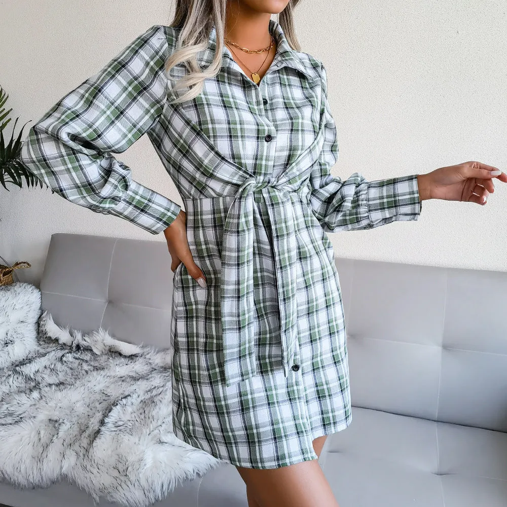 Klay Cotton Plaid Button Down Shirt Dress - Green