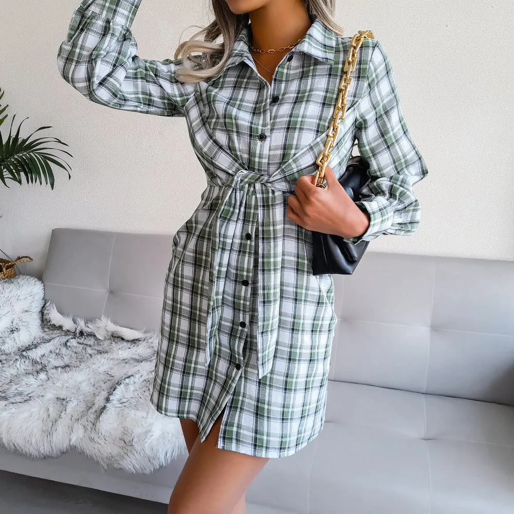 Klay Cotton Plaid Button Down Shirt Dress - Green