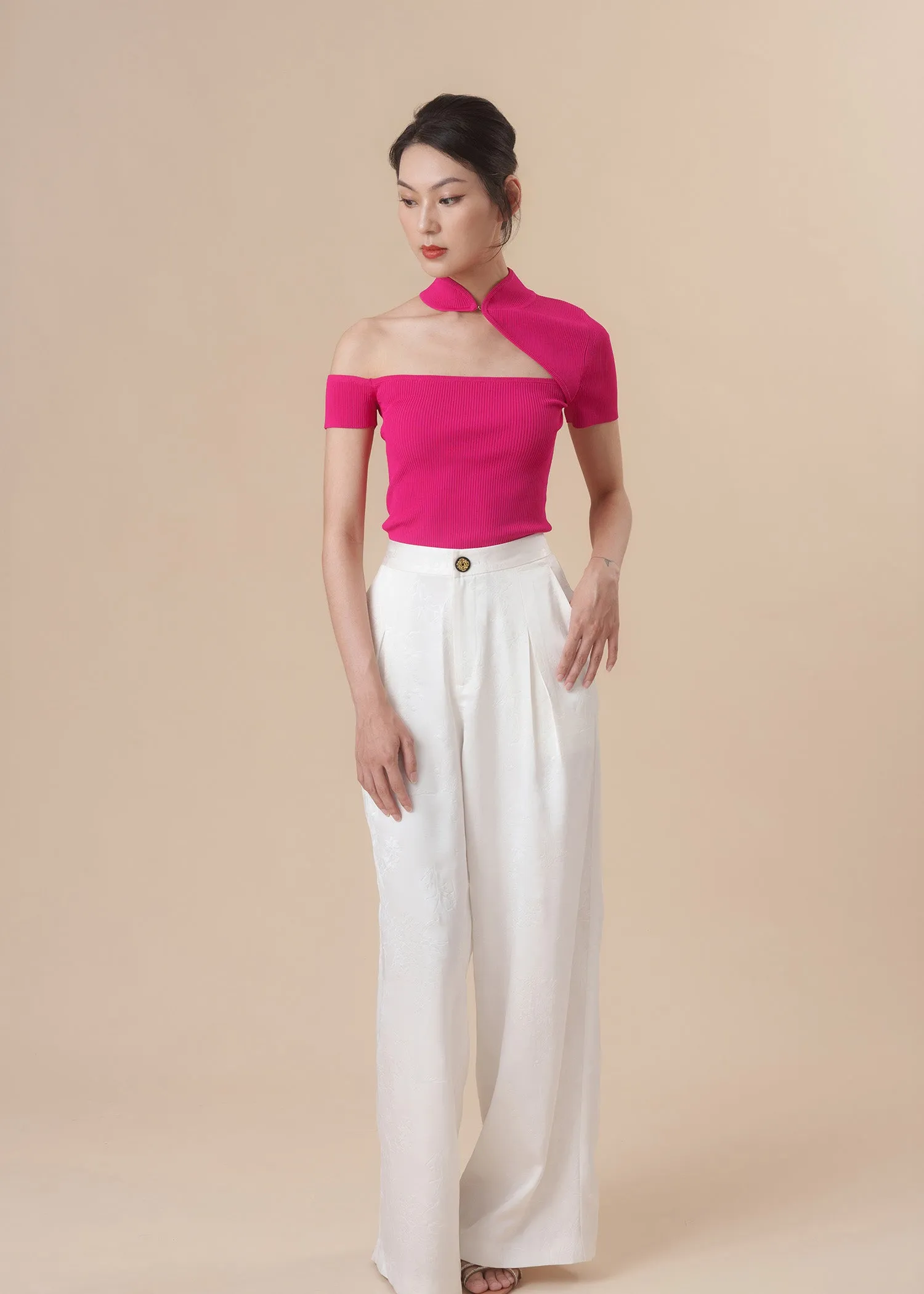 Knitted Cut Out Qipao Top (Fuchsia)