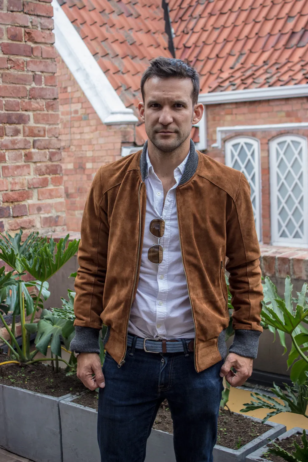 LAFAYETTE Suede Jacket Bomber Camel & Gray ribbing