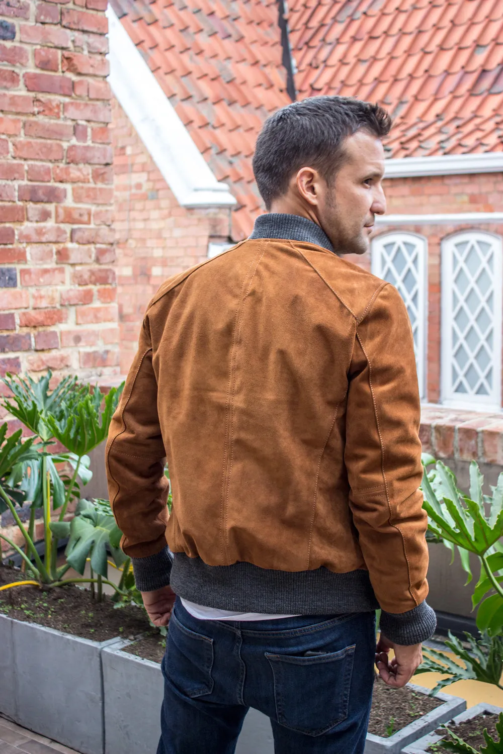 LAFAYETTE Suede Jacket Bomber Camel & Gray ribbing