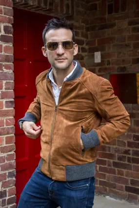 LAFAYETTE Suede Jacket Bomber Camel & Gray ribbing