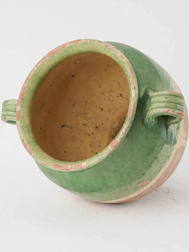 Large green French confit pot - w/ underglaze stripe 10¼"