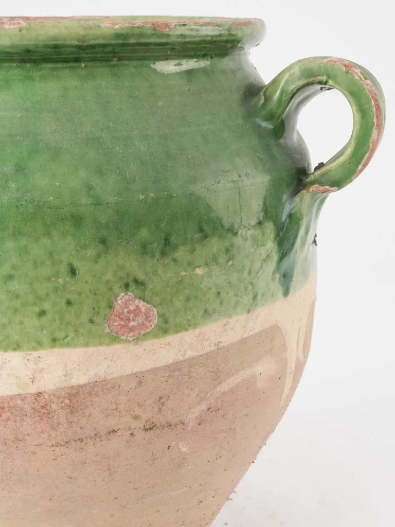 Large green French confit pot - w/ underglaze stripe 10¼"