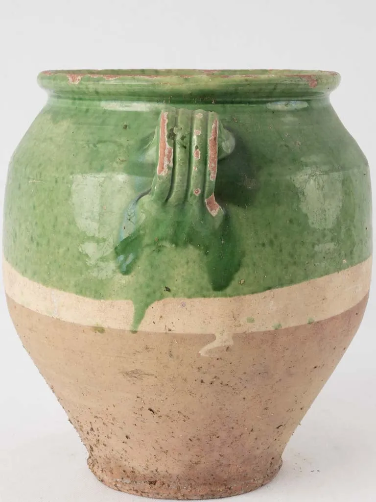 Large green French confit pot - w/ underglaze stripe 10¼"