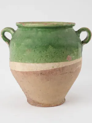 Large green French confit pot - w/ underglaze stripe 10¼"