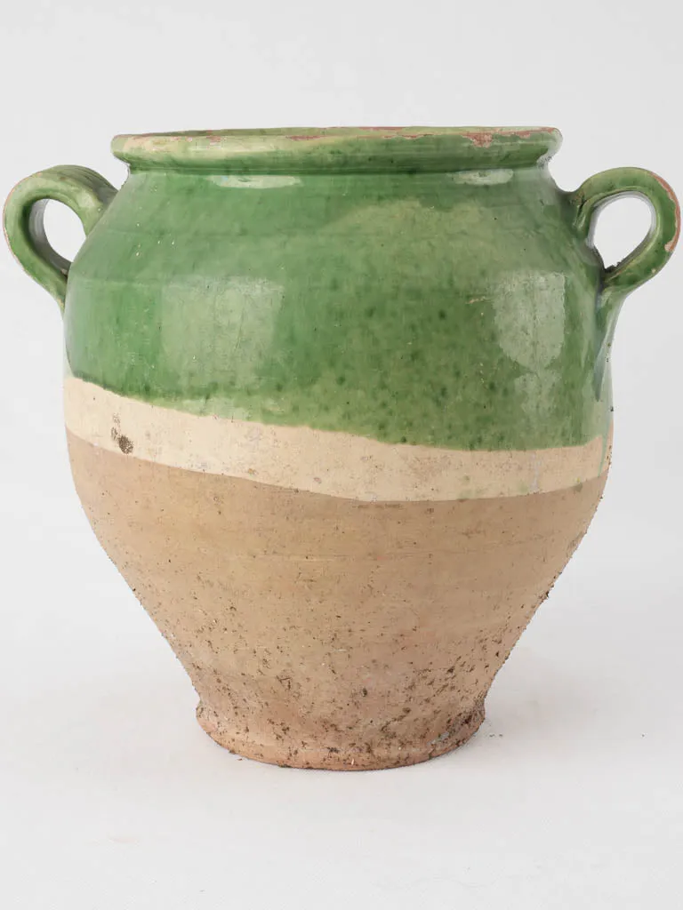 Large green French confit pot - w/ underglaze stripe 10¼"