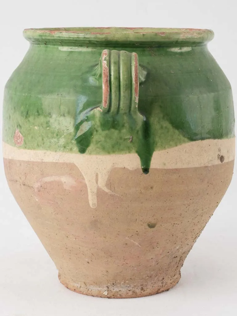 Large green French confit pot - w/ underglaze stripe 10¼"