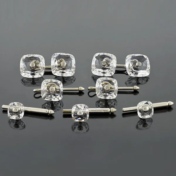 Late Art Deco Silver-Plated Crystal 7-Piece Cufflink Set