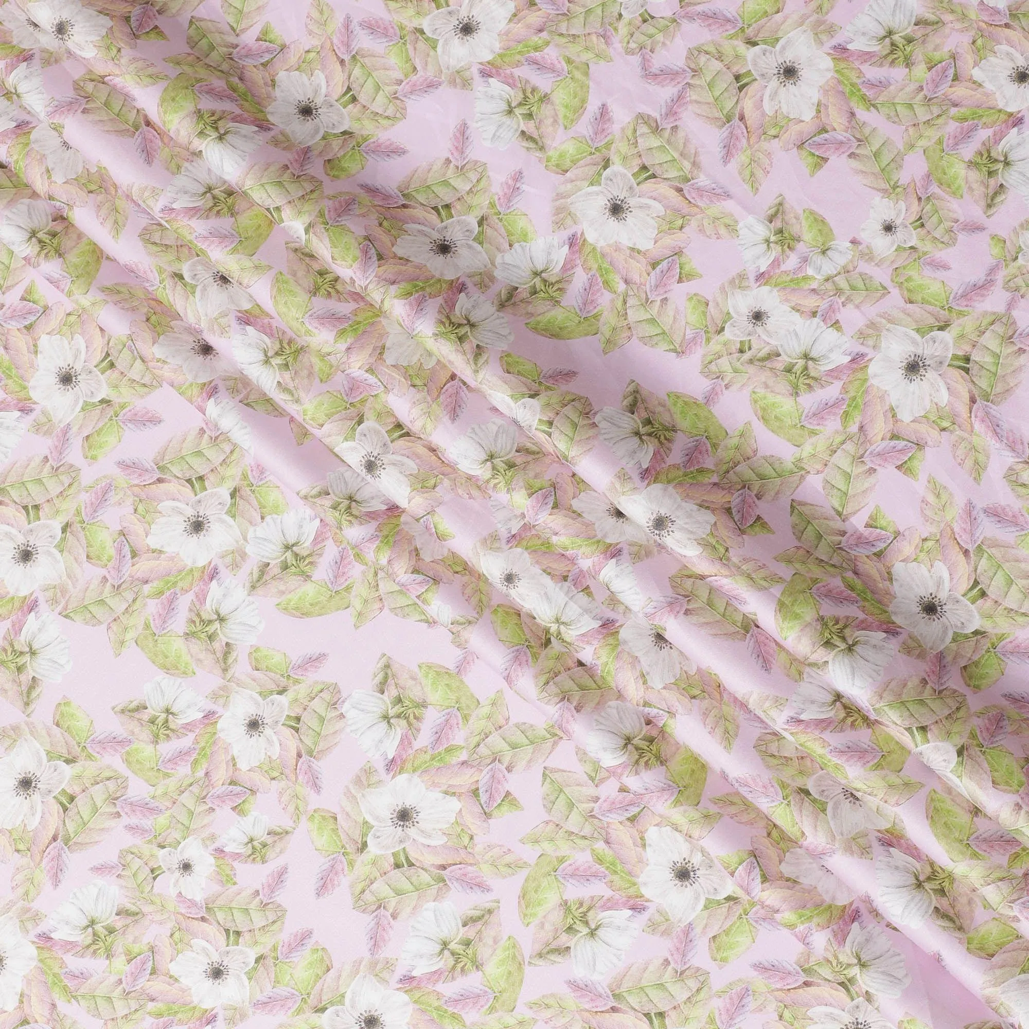 Light pink cotton satin fabric with multicolor print in floral design-D15264