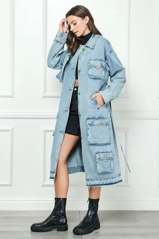 Light Wash Cargo Pocket Light Washed Denim Trench Coat