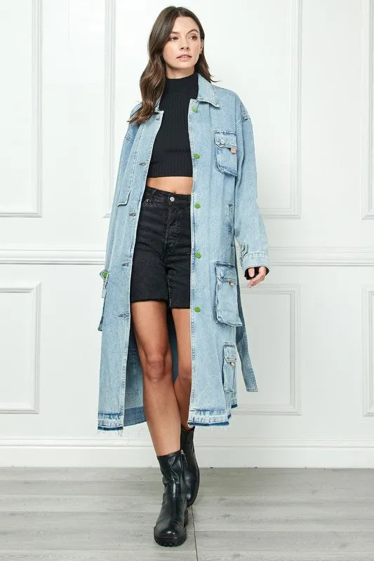 Light Wash Cargo Pocket Light Washed Denim Trench Coat