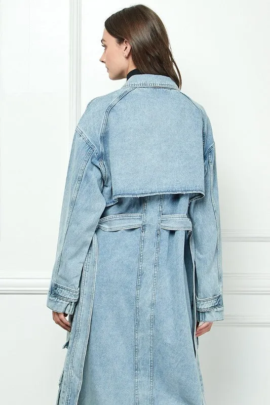 Light Wash Cargo Pocket Light Washed Denim Trench Coat