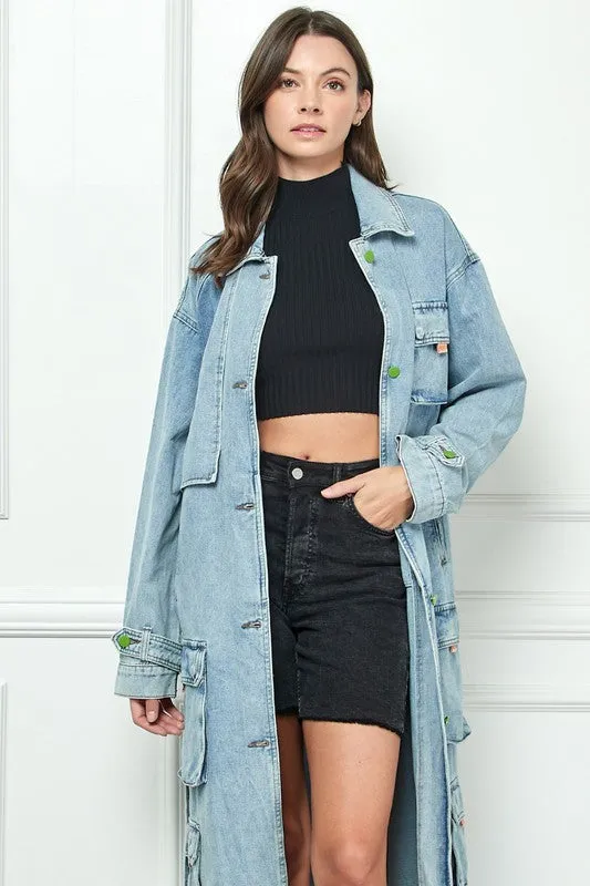 Light Wash Cargo Pocket Light Washed Denim Trench Coat