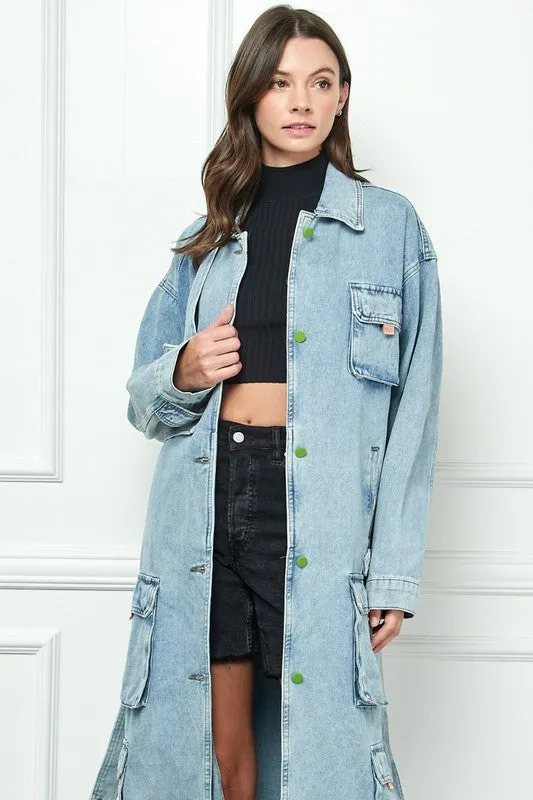 Light Wash Cargo Pocket Light Washed Denim Trench Coat