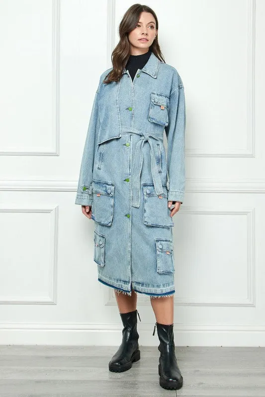 Light Wash Cargo Pocket Light Washed Denim Trench Coat