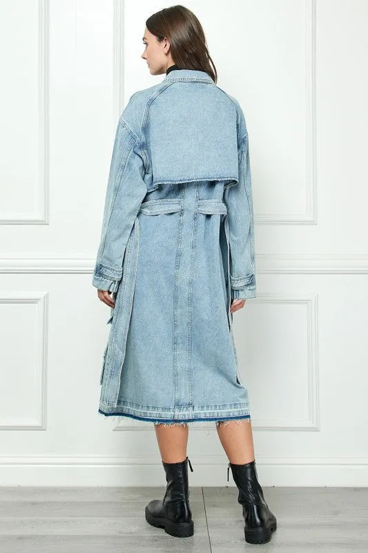 Light Wash Cargo Pocket Light Washed Denim Trench Coat