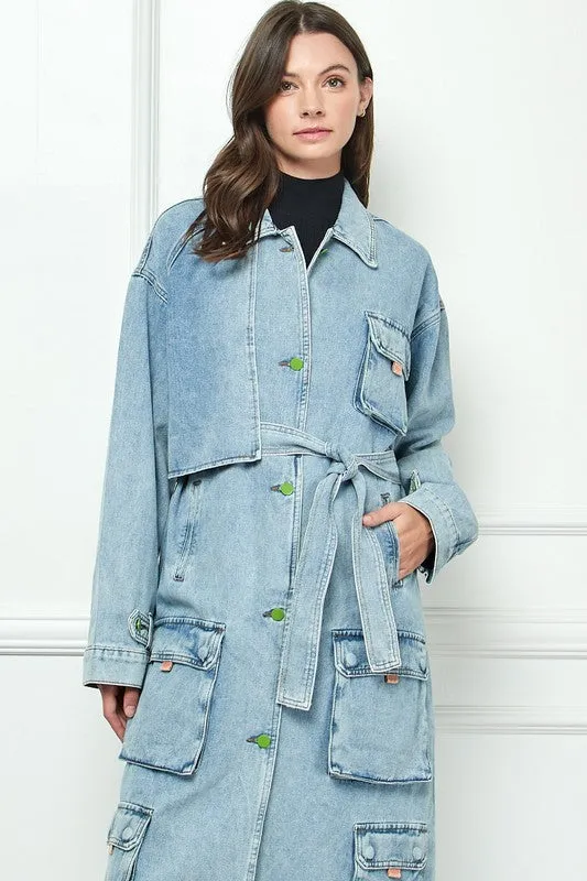 Light Wash Cargo Pocket Light Washed Denim Trench Coat