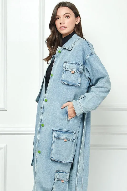 Light Wash Cargo Pocket Light Washed Denim Trench Coat