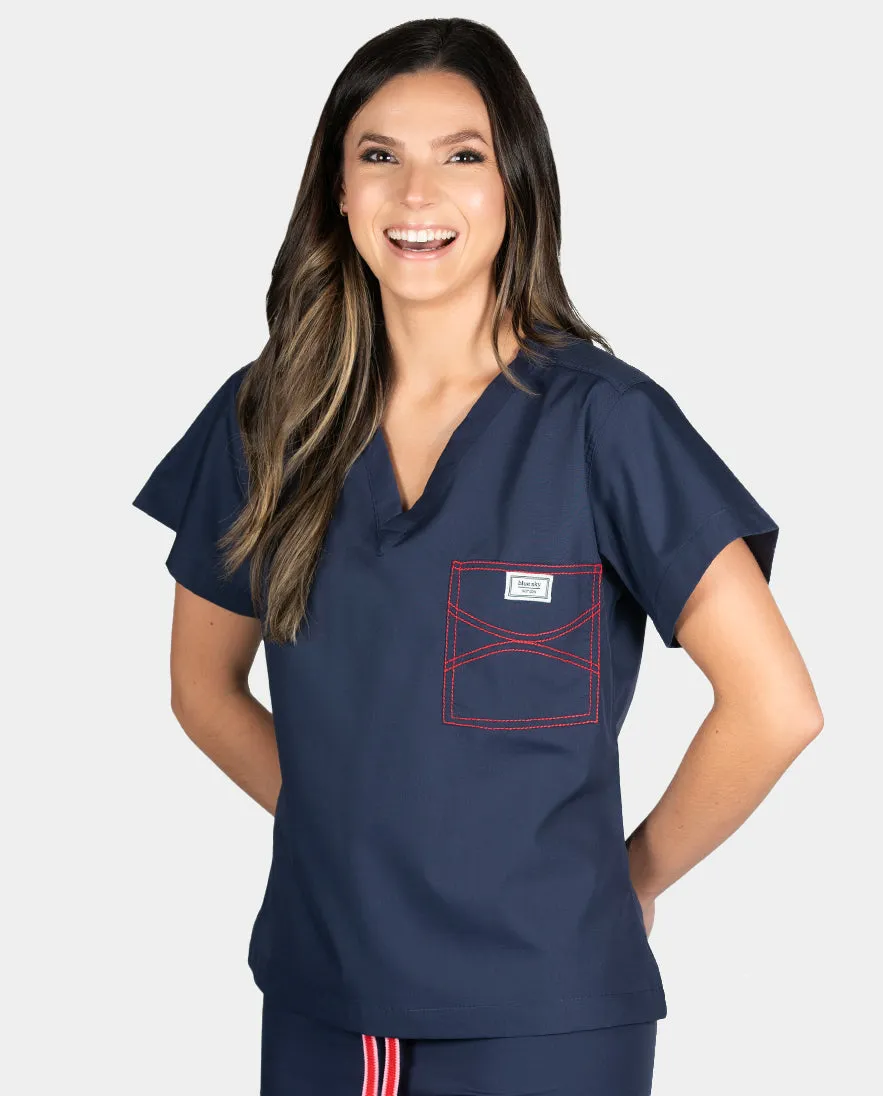 Limited Edition Shelby Scrub Tops - Navy Blue with Red Stitching