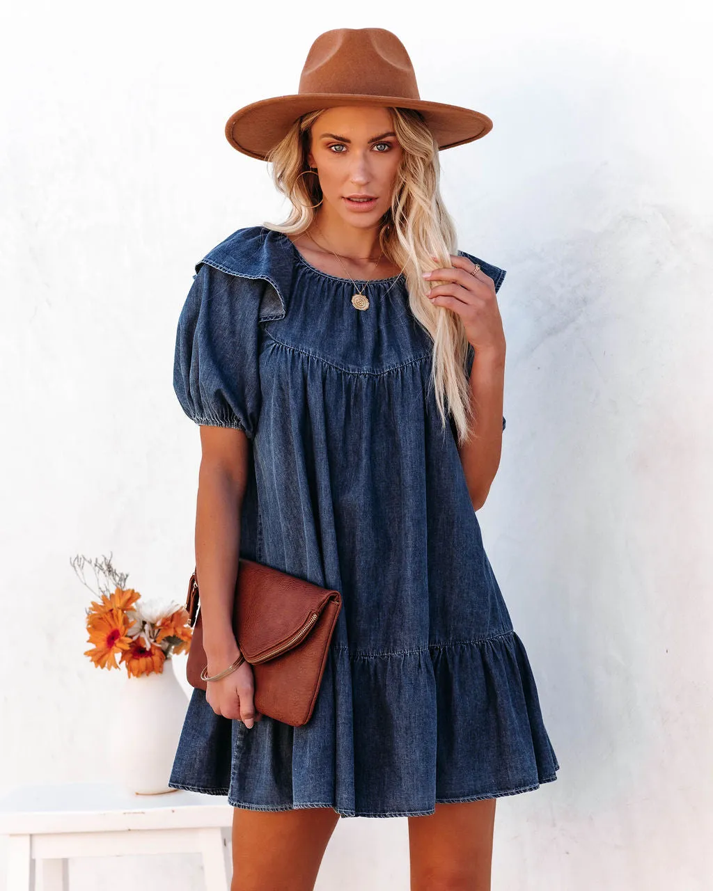 Luis Cotton Puff Sleeve Babydoll Dress - Dark Wash