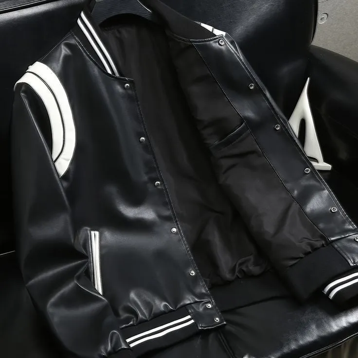 Men's Black and White Stitching Contrast Colour Vegan Leather Jacket Fashion