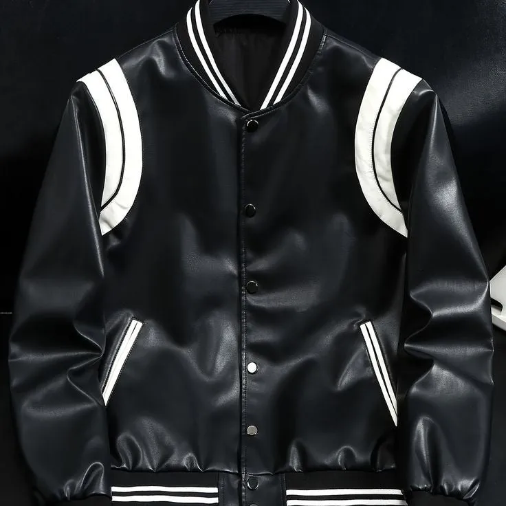 Men's Black and White Stitching Contrast Colour Vegan Leather Jacket Fashion