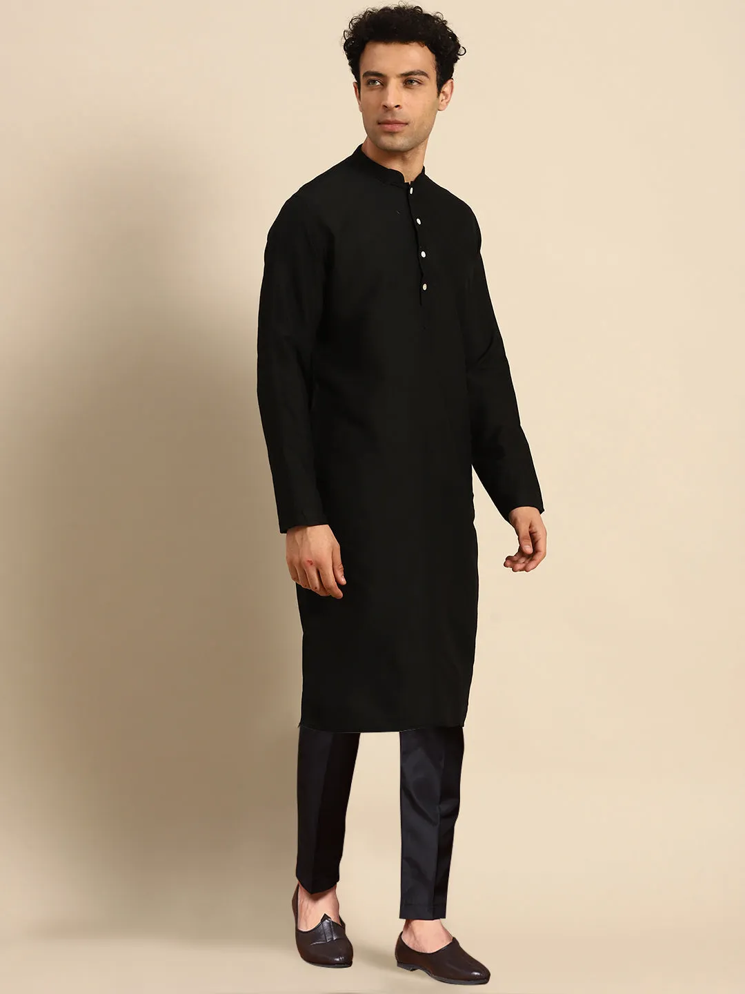 Men's Black Kurta Jacket Trousers Set