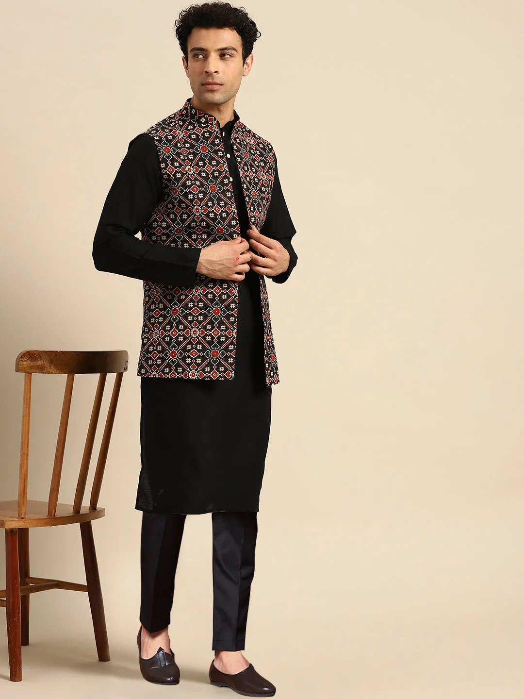 Men's Black Kurta Jacket Trousers Set