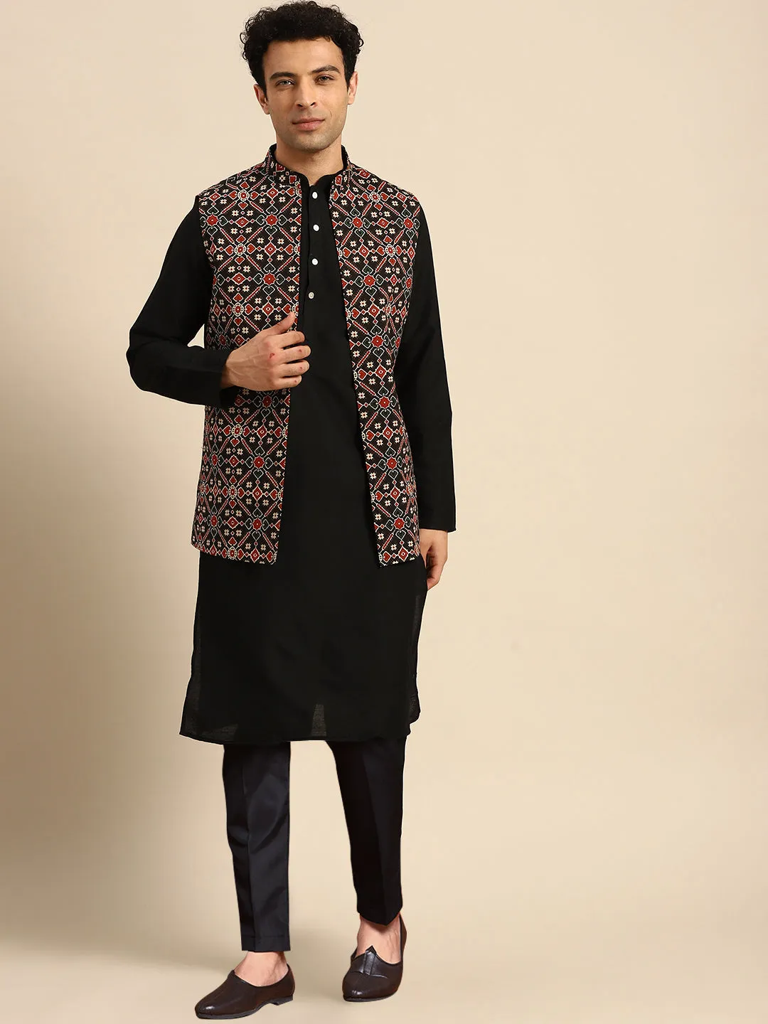 Men's Black Kurta Jacket Trousers Set