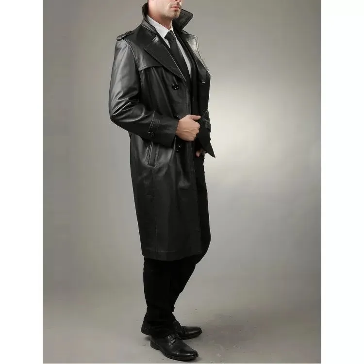 Men's Black Trench Coat Slim Fit Cowhide Leather Long Winter Jacket Knee Length