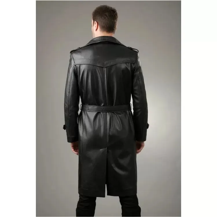 Men's Black Trench Coat Slim Fit Cowhide Leather Long Winter Jacket Knee Length