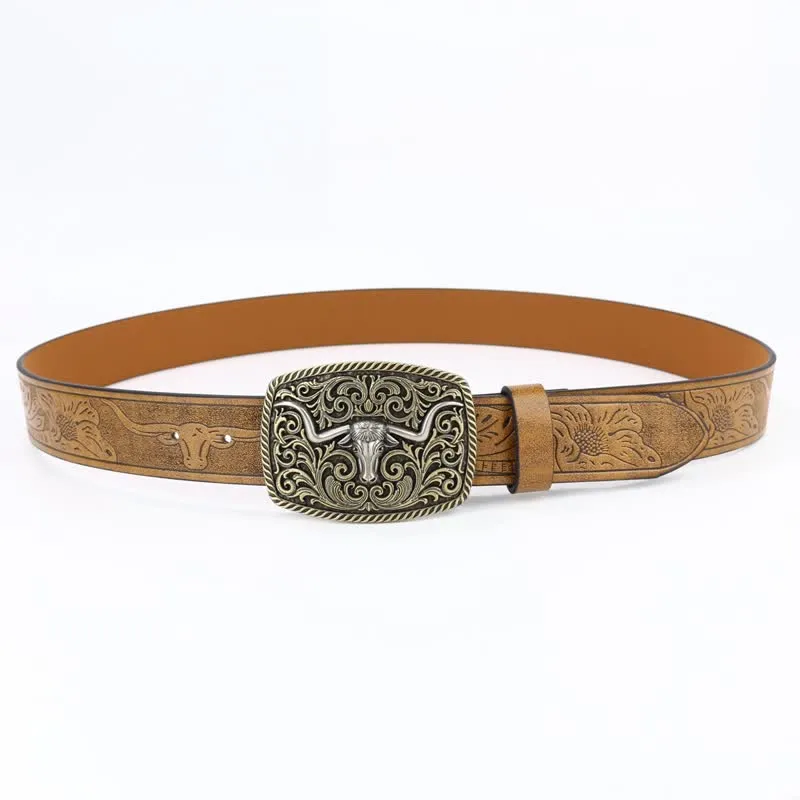 Men's Bronze Bull Pattern Floral Engraved Leather Belt