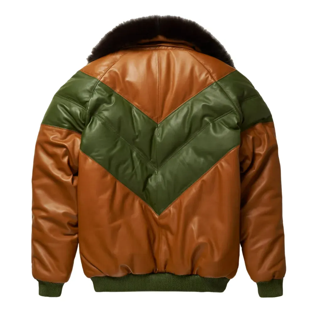 Mens Brown and Green Leather V Bomber Jacket