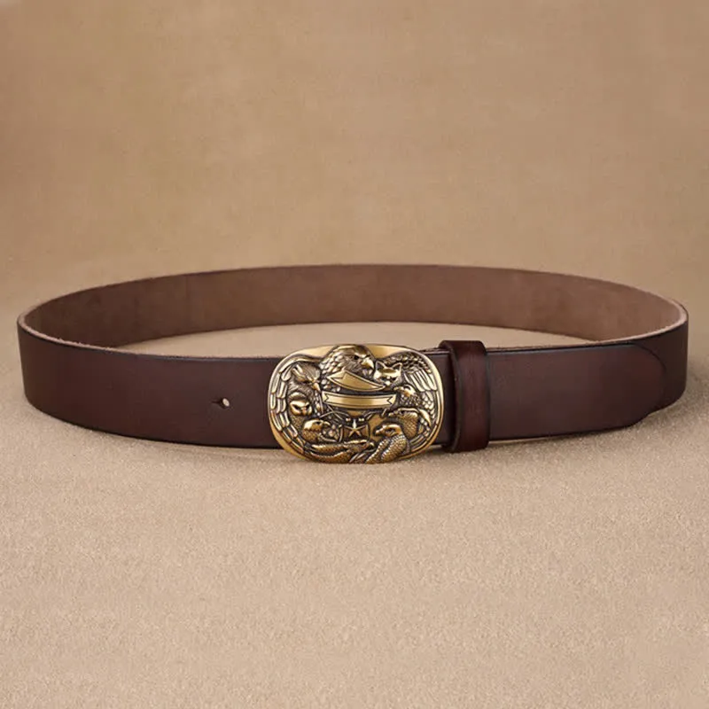 Men's Carved Flock of Eagles Head Buckle Leather Belt